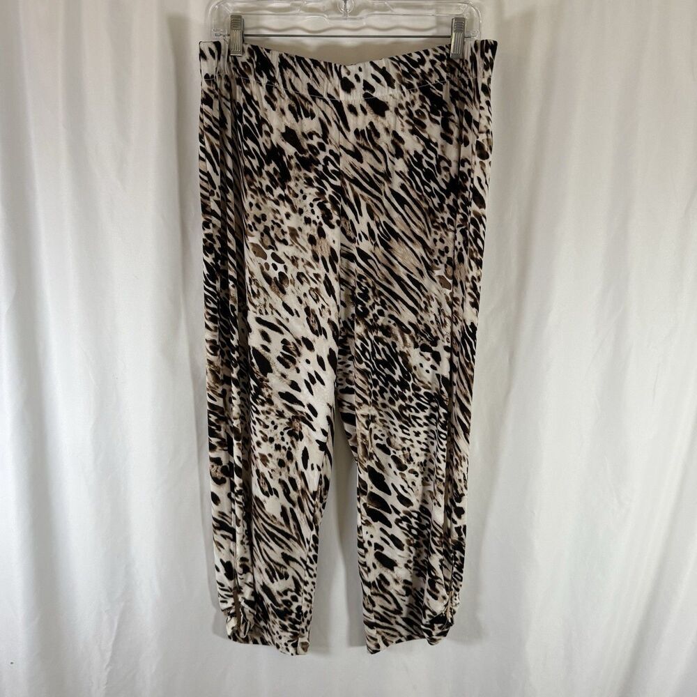 Chico's Pants Women's Large Animal Print White Brown Elastic Waist Pull On